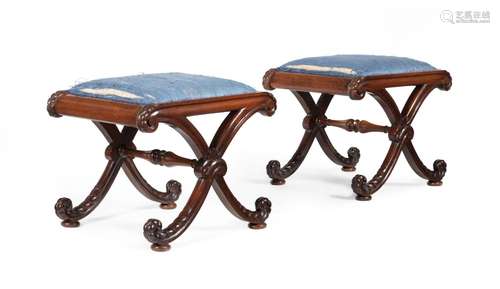 Y A PAIR OF WILLIAM IV ROSEWOOD X-FRAME STOOLS, IN THE MANNE...