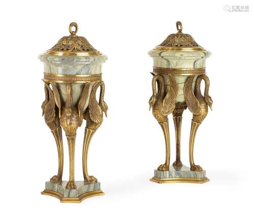 A PAIR OF FRENCH ORMOLU AND CIPOLLINO MARBLE URNS, LATE 19TH...