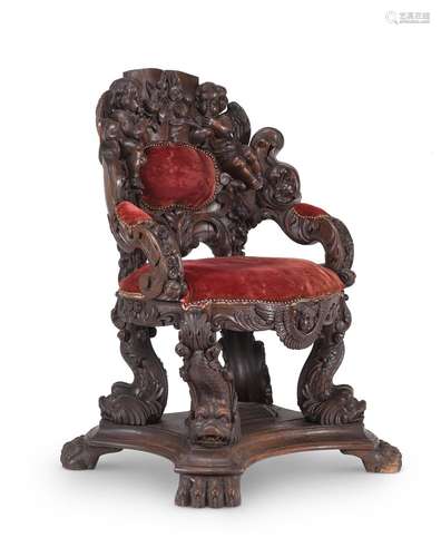 AN ITALIAN CARVED OAK 'THRONE' CHAIR, IN THE MANNER OF BRUST...