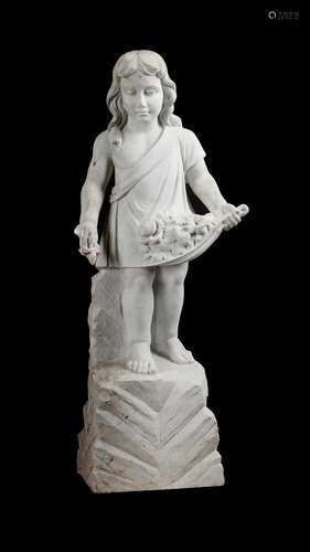 A CARVED WHITE MARBLE FIGURE OF A YOUNG GIRL GATHERING FLOWE...