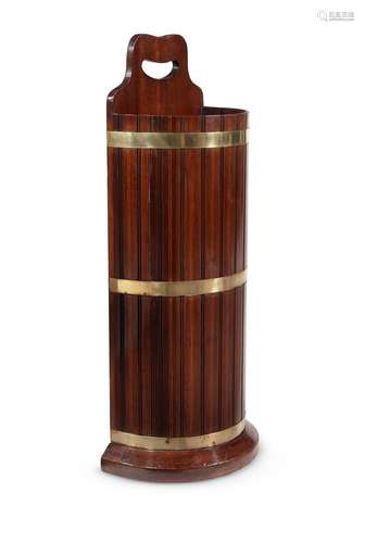 A MAHOGANY, LINE INLAID AND BRASS BOUND STICK STAND, LATE 19...