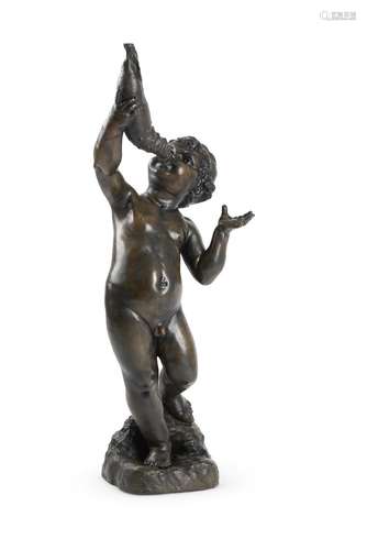 A FRENCH BRONZE FIGURE OF A CHERUB WITH A SHELL, LATE 19TH C...