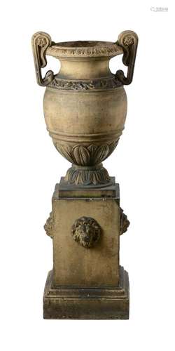 A DOULTON STONEWARE TWIN HANDLED URN ON STAND, EARLY 20TH CE...