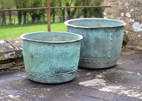 A COMPANION PAIR OF VICTORIAN VERDIGRIS COPPER PLANTERS, 19T...