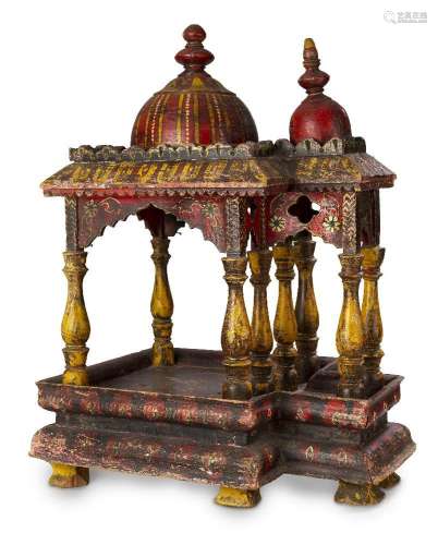 A painted and gilded wooden model of a howdah