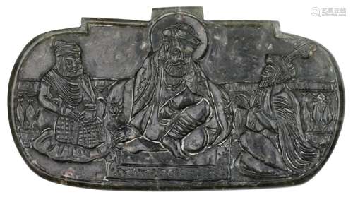 A Sikh carved jade pendant depicting Guru Nanak with Bala an...