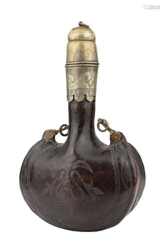 A rare large Sikh inscribed brass-mounted leather flask