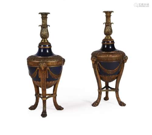 A PAIR OF CARVED GILTWOOD, PAINTED AND GILT METAL MOUNTED PE...