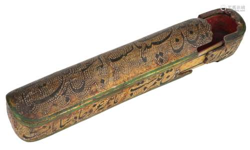 A lacquered papier mache qalamdan with calligraphy