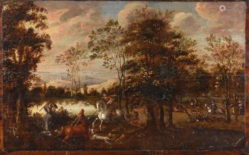 DUTCH SCHOOL, 18TH CENTURY, A HUNTING PARTY IN A WOODED LAND...