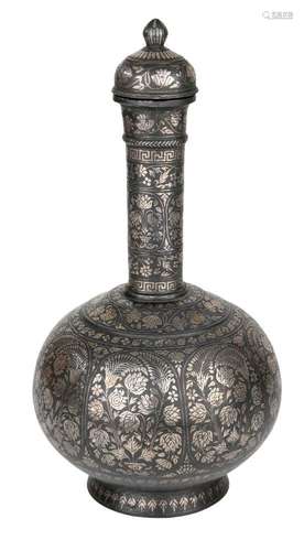 A large Indian silver-inlaid alloy Bidri flask (Surahi)