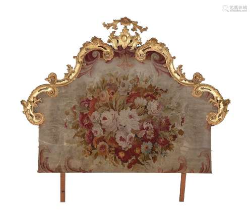 A CONTINENTAL CARVED GILTWOOD AND AUBUSSON NEEDLEWORK INSET ...
