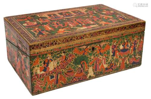 A large Kashmiri pictorial lacquered papier mache wooden wri...