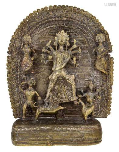 A large brass shrine with Durga and figures