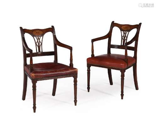 AN UNUSUAL PAIR OF LATE GEORGE III MAHOGANY OPEN ARMCHAIRS, ...