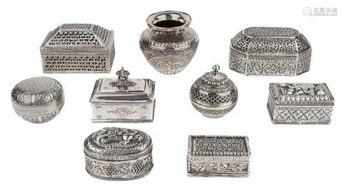 A group of eight variously decorated silver caskets