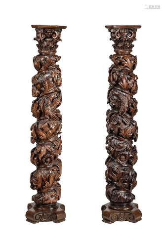 A PAIR OF CARVED WALNUT SOLOMONIC COLUMNS, 17TH CENTURY AND ...