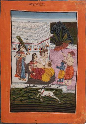 A ruler and his consort enthroned with Krishna in attendance