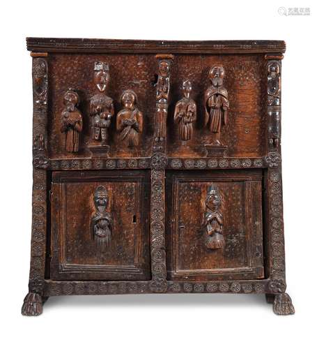 A NORTH ITALIAN CARVED PINE AND WALNUT VESTMENT CHEST, 16TH/...