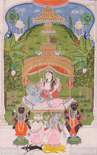 The goddess Parvati enthroned and observing various deities ...