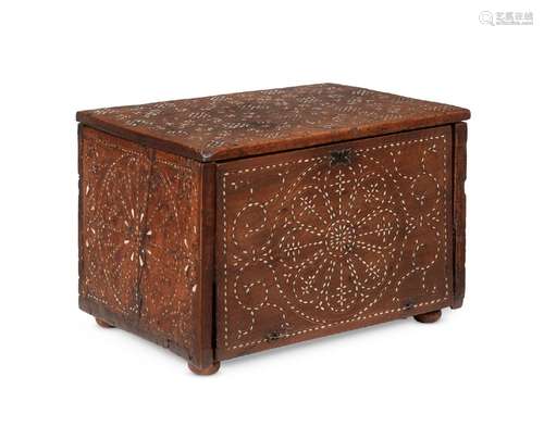 AN INDO-PORTUGUESE WALNUT AND BONE INLAID TABLE CABINET, LAT...