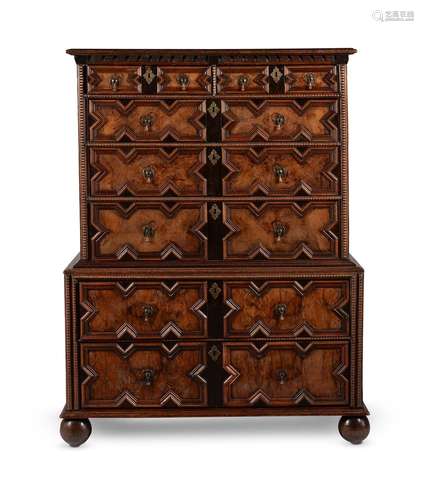 A CHARLES II WALNUT, OAK AND LABURNUM CHEST ON CHEST, CIRCA ...