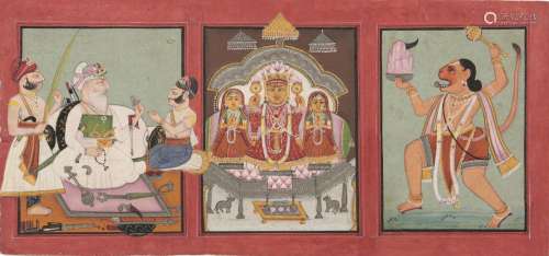 A devotional painting with three scenes depicting Hanuman