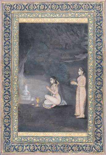 A Mughal night scene with lady and attendant at a Siva linga...