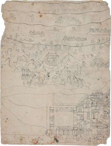 A large prepatory ink drawing of an encampment outside a tow...