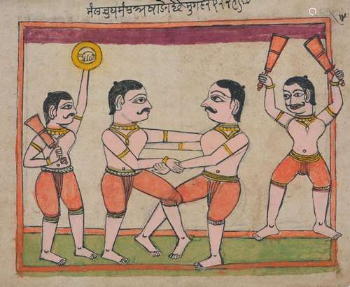 A folk painting of a group of wrestlers