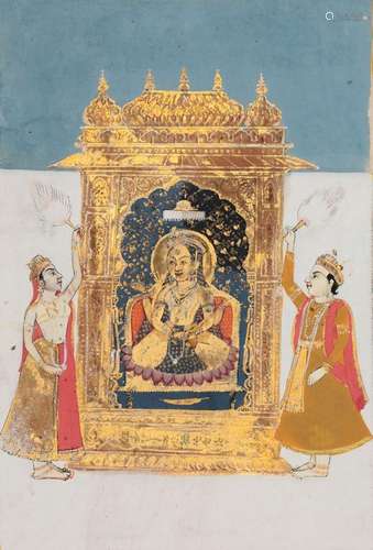 Two paintings of seated ruler and musicians and worshippers ...