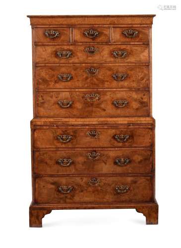 A GEORGE II BURR AND FIGURED WALNUT CHEST ON CHEST, CIRCA 17...