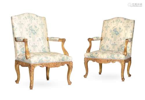 A PAIR OF CARVED GILTWOOD AND PRINTED SILK UPHOLSTERED ARMCH...