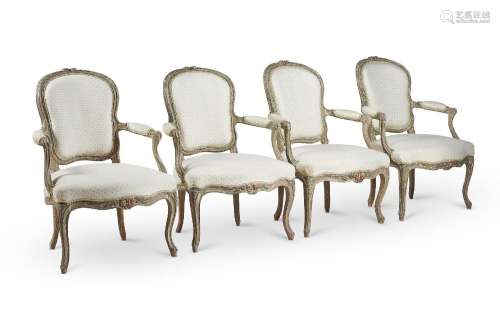 A SET OF FOUR LOUIS XV PAINTED FAUTEUIL, BY NICOLAS LOUIS MA...