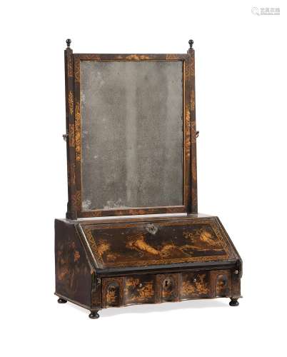 A QUEEN ANNE BLACK LACQUER AND GILT JAPANNED DRESSING MIRROR...