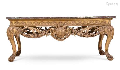 A CARVED GILTWOOD AND MARBLE TOPPED CENTRE TABLE, IN THE MAN...