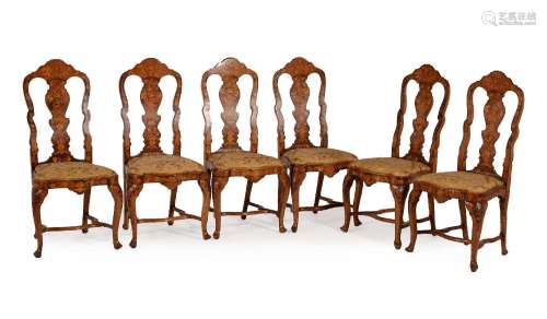 A SET OF SIX DUTCH WALNUT, ASH AND MARQUETRY INLAID DINING C...