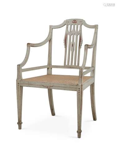 A GEORGE III BEECH AND CREAM PAINTED OPEN ARMCHAIR, CIRCA 18...