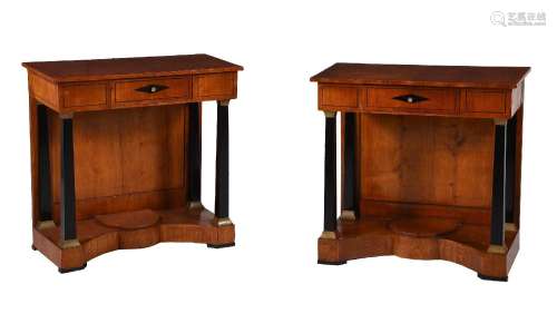 Y A PAIR OF EMPIRE BIRCH AND EBONISED CONSOLE TABLES, CIRCA ...