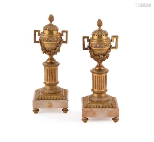 A PAIR OF FRENCH ORMOLU AND MARBLE TWO-HANDLED CASSOLETTES, ...