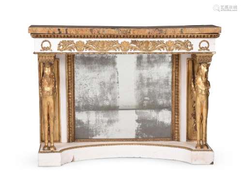 AN ITALIAN PAINTED, PARCEL GILT AND MARBLE CONSOLE TABLE, LA...
