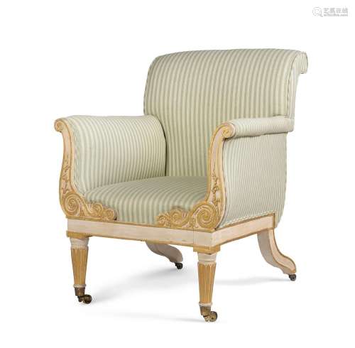 A GEORGE III PAINTED AND PARCEL GILT ARMCHAIR, IN THE MANNER...