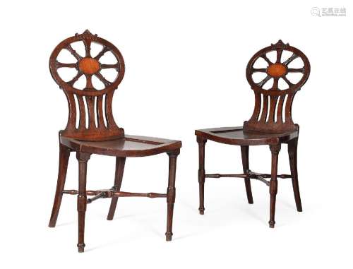Y A PAIR OF GEORGE III MAHOGANY AND SATINWOOD INLAID HALL CH...