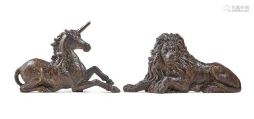 A PAIR OF CAST IRON HERALDIC ANIMALS, POSSIBLY EARLY/MID 19T...
