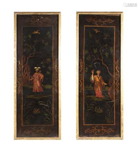 A PAIR OF CHINOISERIE DECORATED CANVAS PANELS, CIRCA 1820 AN...
