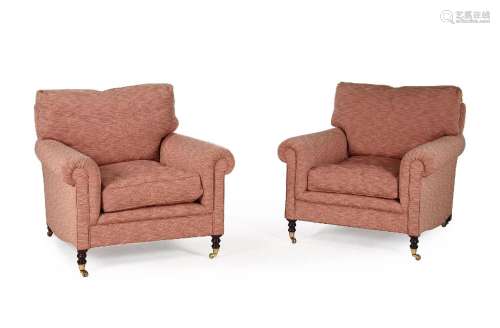 A PAIR OF STAINED BEECH AND UPHOLSTERED ARMCHAIRS, BY GEORGE...