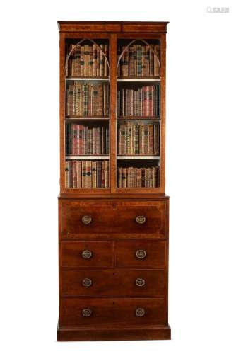 A REGENCY MAHOGANY AND LINE INLAID SECRETAIRE BOOKCASE, POSS...