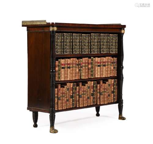 Y A REGENCY ROSEWOOD, EBONISED AND BRASS OPEN BOOKCASE, CIRC...