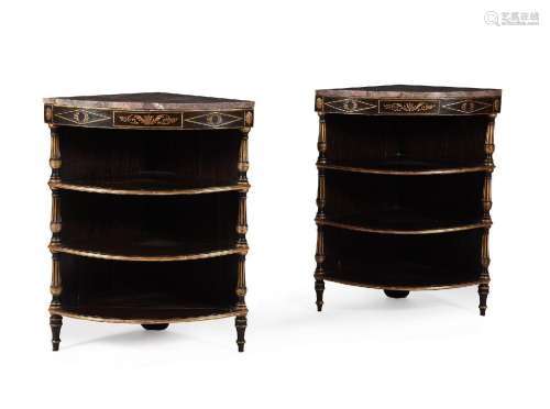 A PAIR OF PAINTED AND PARCEL GILT BOWFRONT CORNER CUPBOARDS ...
