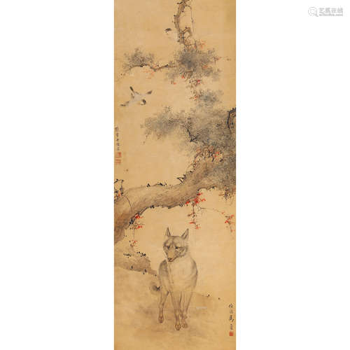 马晋(1900-1970)/张艺舟 花鸟狼犬 设色纸本立轴